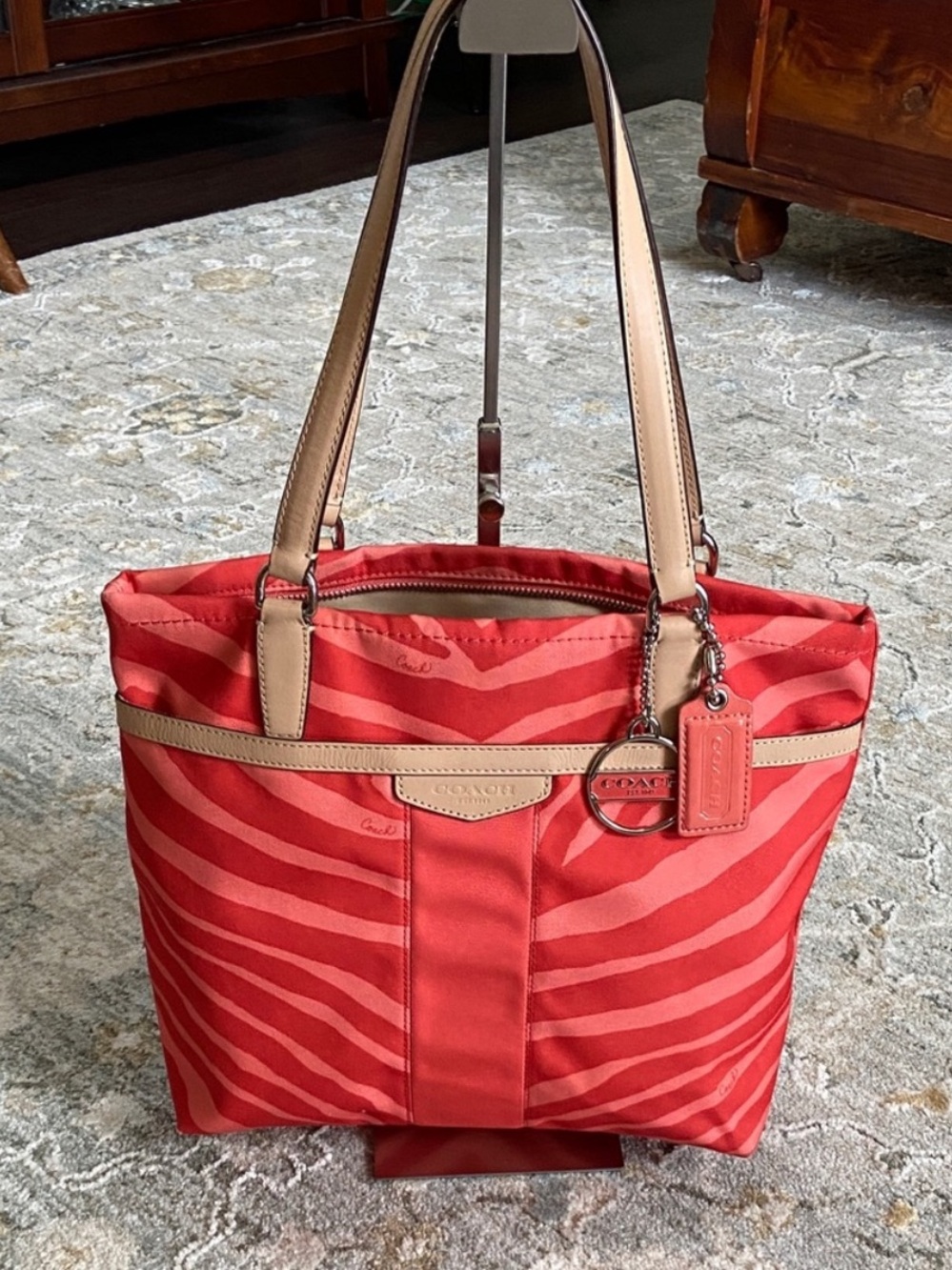 Coach 2013 Coral-Pewch Zebra Print Canvas Tote with Tan Leather Trim F23283
